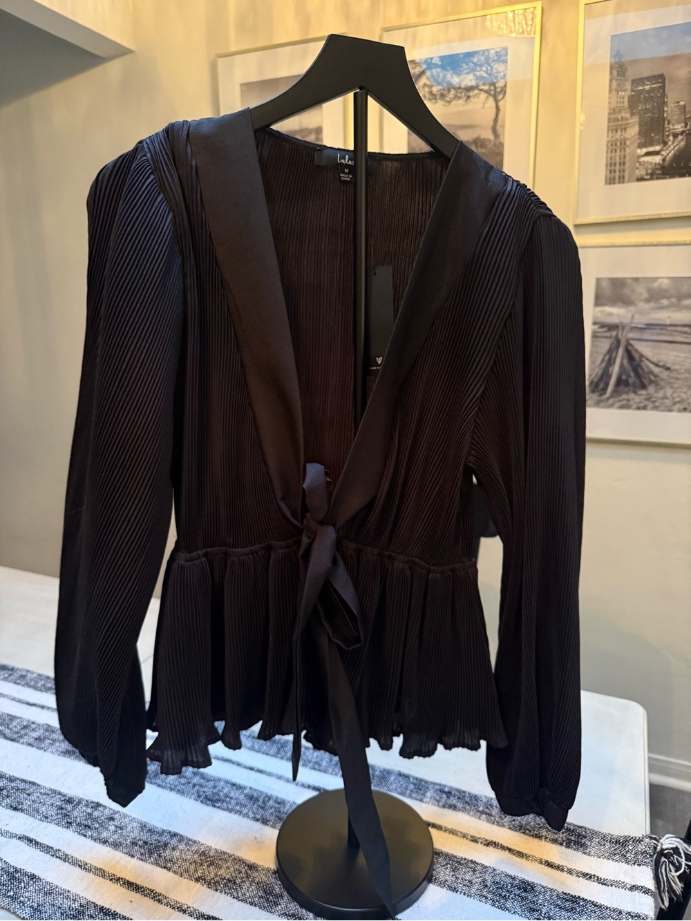 Lulus Black Pleated Tie-Front Blouse